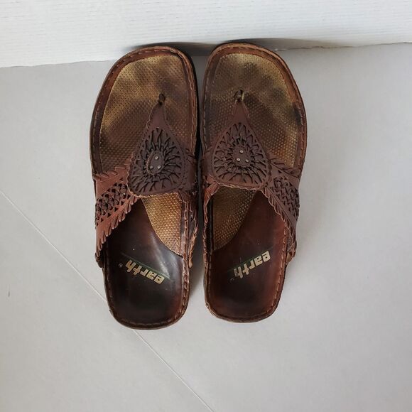 Earth Shoes Salsa Mahogany Leather Thong Sandals Boho Woven Slides Sz 6 Hippie - Picture 7 of 12